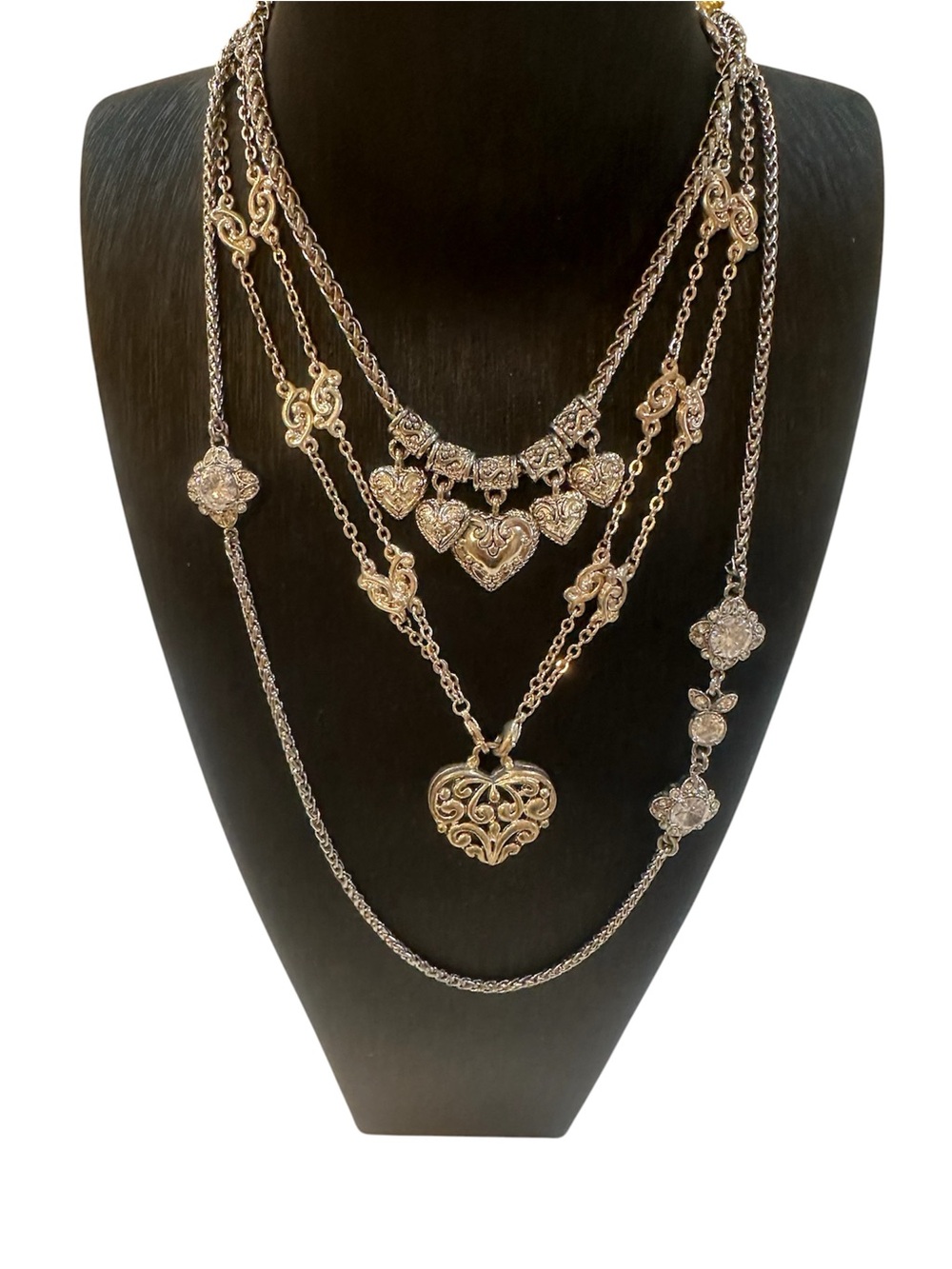 Heart Lover’s Lot of 3 Silver Tone Necklaces Romantic Filigree & Crystal Accents